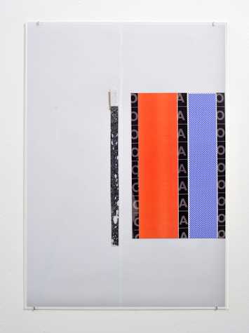 white paper with collaged strips of the letters O, A, O repeating vertically with strips of red and blue in-between