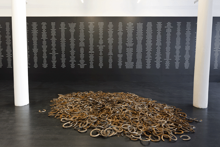 a pile of horseshoes on a black floor. in the background is black wall with columns of white text