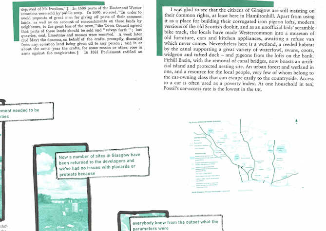 A white background containing a series cuttings of text and images with information about Glasgow