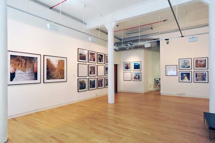 installation view. left wall has two large framed photographs side by side. on the right of them is a grid of 8 smaller framed photographs. on the back wall is a grid of 4 framed photographs with 5 more framed photos to the right.