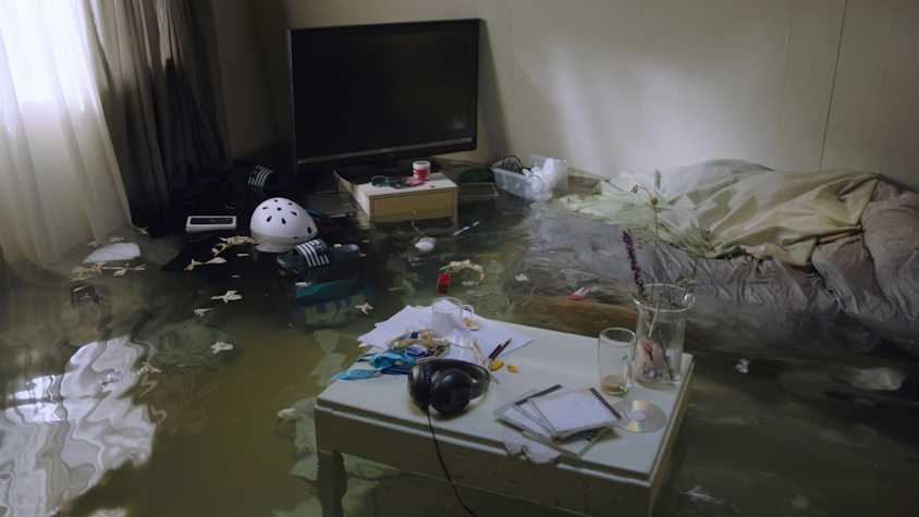 A bedroom which is partially submerged under water. Items including shoes, and a bicycle helmet float on the surface of the water.