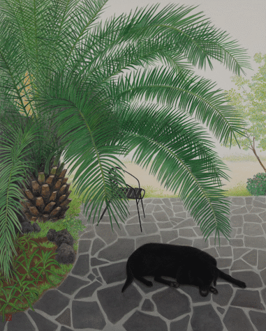 A painting of a black Labrador Retriever lying on an irregular grey stone patio under a palm tree. The scene is strongly backlit by bright light. An empty black garden chair and a field or beach populated sparsely with vegetation is visible beyond the palm leaves.