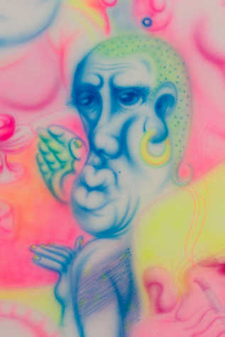Detail of fluorescent airbrushed painted head with ear ring on canvas.