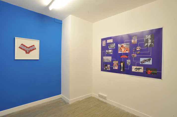 on the left wall is a framed pair of women's underwear which are adorned with the US Republican Party elephant logo. on the right wall is a large blue poster with various images connected together with lines.