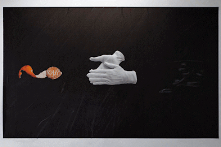 a print is pasted on a white wall. On a black background, a half peeled orange, white gloves and black snake float in space.