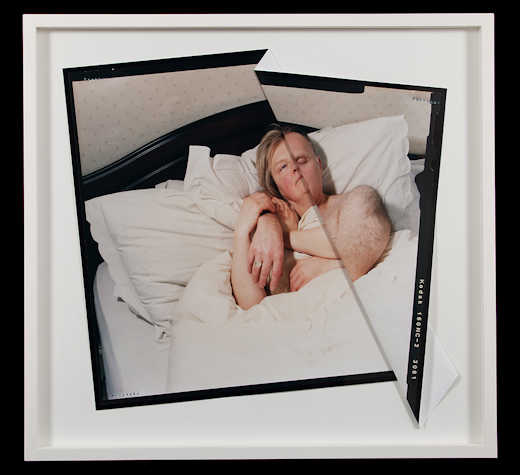 a photograph of two people lying in bed together that has been folded so one half of each person merges together to become one.