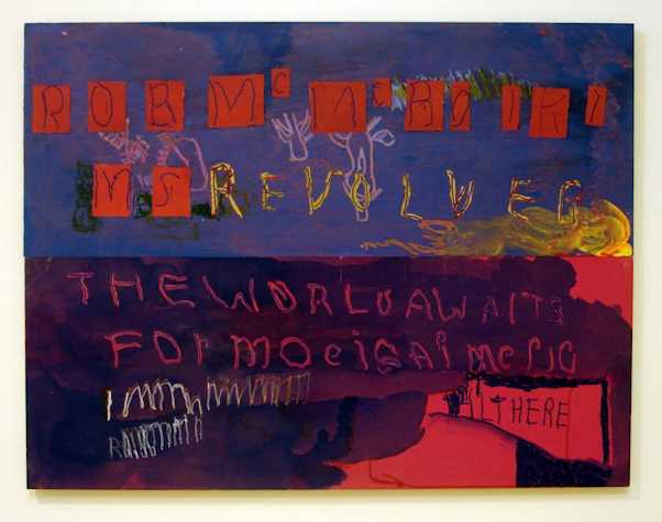 collage and paint on board. the top half is a dark blue and the bottom half a dark red. text reads: " ROB MC MC ROIKI MS REVOLVER THE WORLD AWAITS FOR MO"
