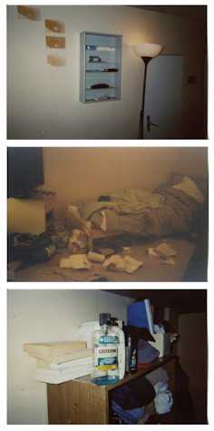 Three individual images positioned vertically. The top image show a white walls with a lamp, a shelf and a door. The centre image has a grainy texture and shows a bedroom space, and the bottom image focusses on a shelf unit which contains clothing, books, and toiletries.