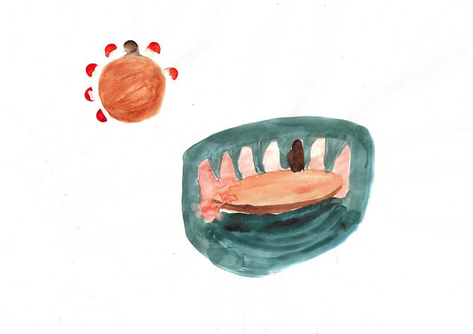 A watercolour painting with a blue circle containing a roundtable painted on the right hand side, and in the top left is brown circle with semi-circles surrounding it.