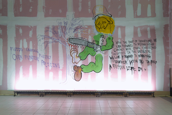 A mural over a pink wall with white lines of a person with a green overalls and a chainsaw cutting down a tree with text in both sides in Kelvin Hall as a part of Glasgow International 2018.