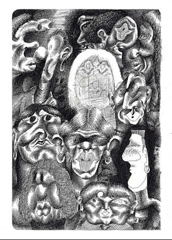 A black ink drawing of a crowd of people on a white, torn-out sketchbook page. Most of the figures are pictured from the neck or shoulders up and have cartoonish, exaggerated features. They are rendered in scratchy pen lines with cross-hatched shading or no shading at all. The figures are densely packed together with some emerging out of an indistinct shadowy backdrop