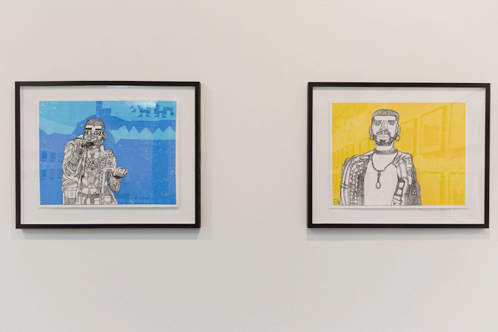 two black pen drawings of figures with colourful backgrounds