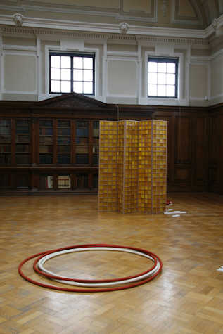 4 large hula hoops sitting on the floor on top of each other. in the back there are dark wooden bookshelves.