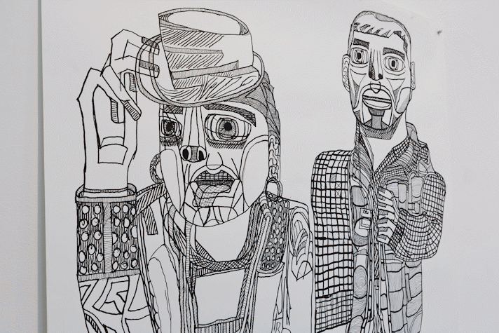 a stylistic black pen drawing of two figures