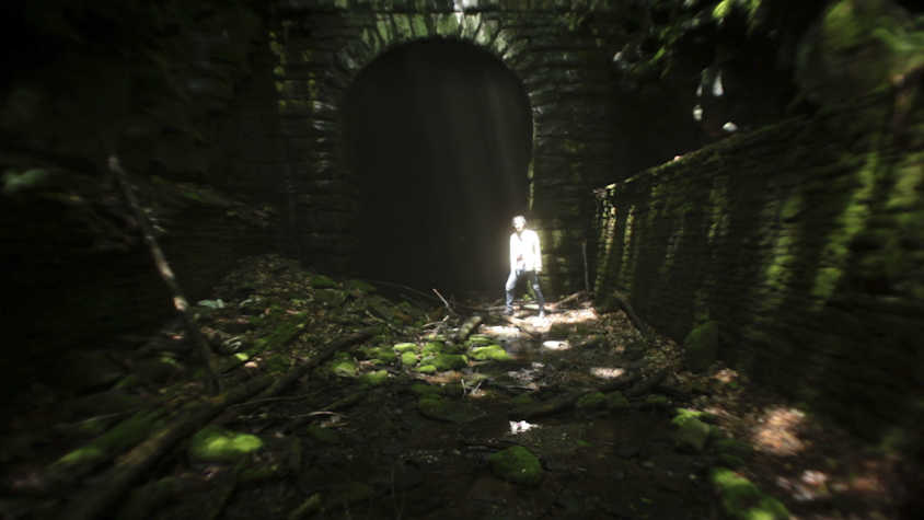 person standing in a darkly lit, mossy woodland area with a large stone brick arch behind them