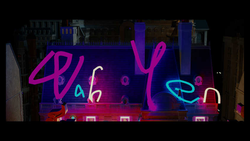 A night time photograph of a road, with the words 'Wah Yen' in coloured wavy text over the top of the image