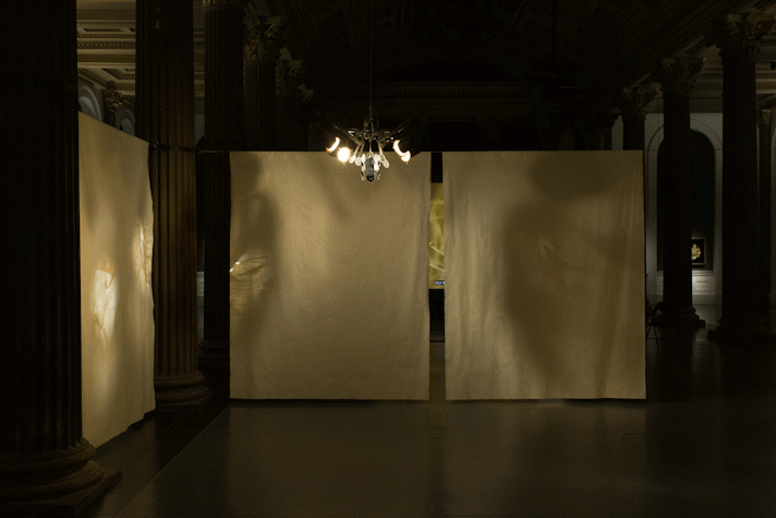dimly lit space with 3 sheets of fabric hanging between pillars. on the fabric abstract organic shapes create shadows.