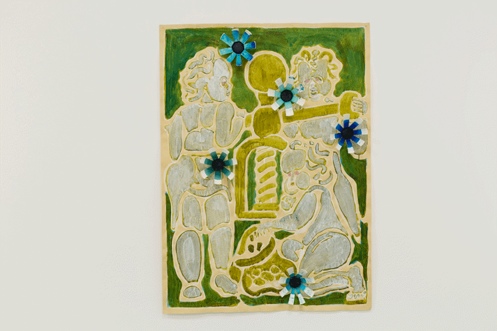 a painting shows three strange figures operating a fruit press, there are 3D flowers on the surface of the painting